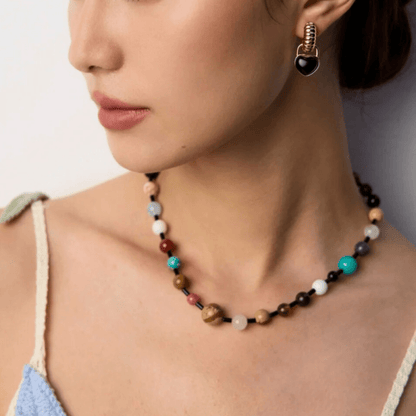 Radiant Noir Beaded Necklace – Black Onyx & Multicolour Beads on K Gold - Plated S925 Sterling Silver - Beloved Moments Jewels & Co. Inc.