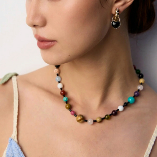 Radiant Noir Beaded Necklace – Black Onyx & Multicolour Beads on K Gold-Plated S925 Sterling Silver