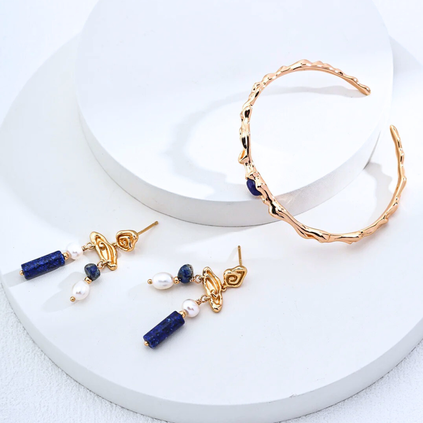 Sculptural Lapis Bangle — S925, Vintage Gold or White Gold (Adjustable)