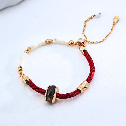 Noir Talisman Red Cord Bracelet — Tiger’s Eye & Mother-of-Pearl, S925 (Vintage Gold)