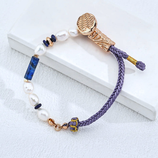 Lapis & Pearl Cord Bracelet — S925, Vintage Gold (Adjustable)