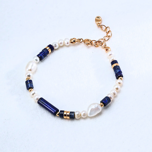 Lapis & Pearl Bracelet — S925, Vintage Gold (Adjustable)