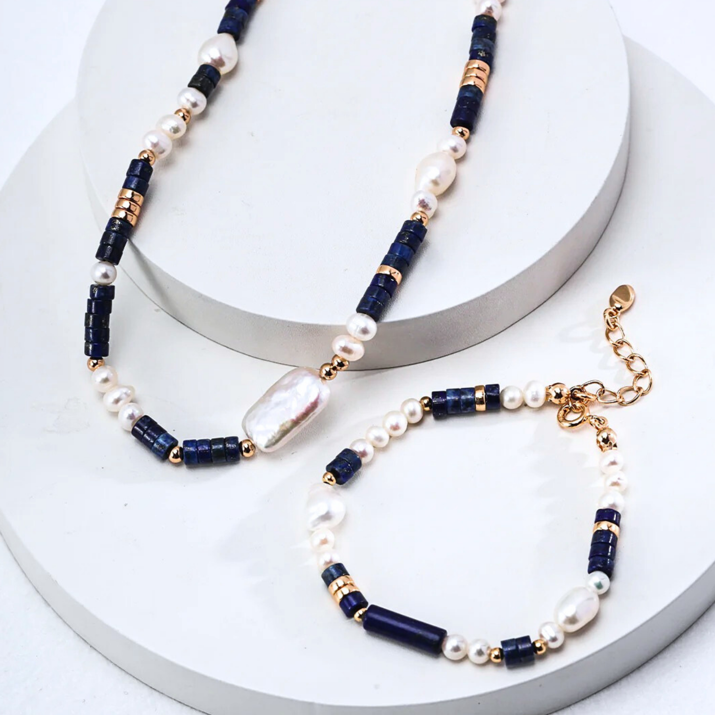 Lapis & Pearl Bracelet — S925, Vintage Gold (Adjustable)