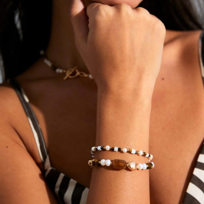 Lumi Pearl & Tiger’s Eye Bracelet — S925, Vintage Gold (Adjustable)