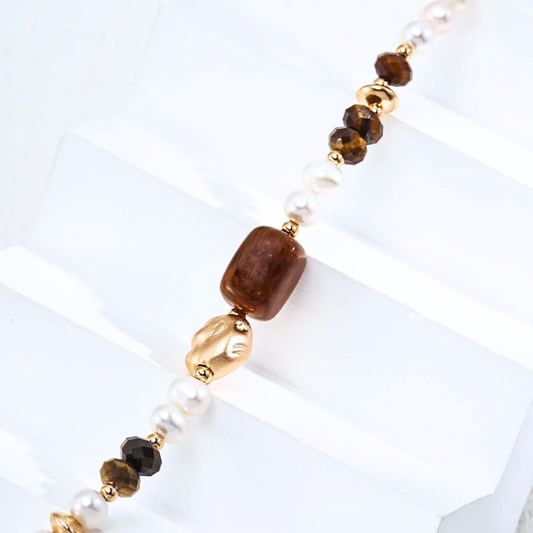 Lumi Pearl & Tiger’s Eye Bracelet — S925, Vintage Gold (Adjustable)