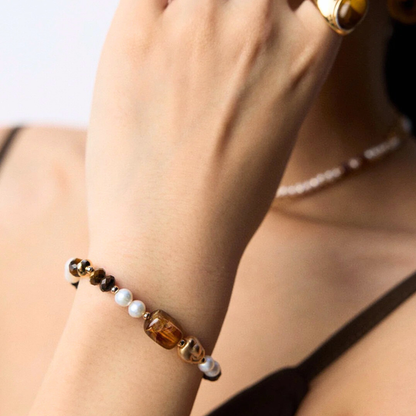Lumi Pearl & Tiger’s Eye Bracelet — S925, Vintage Gold (Adjustable)