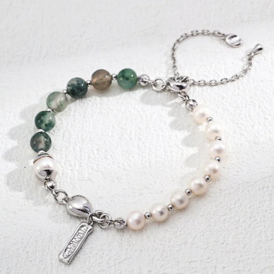 Gemstone & Pearl Adjustable Bracelet – S925 Sterling Silver Two-Tone Design
