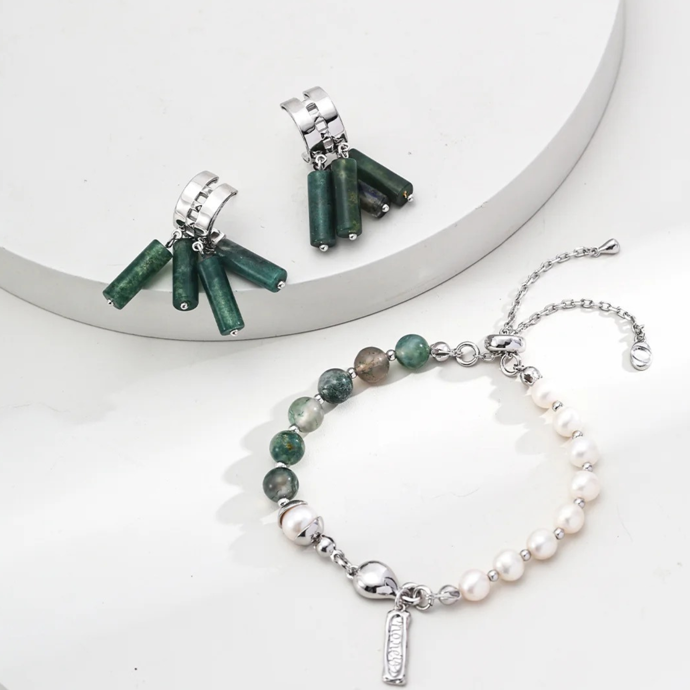 Gemstone & Pearl Adjustable Bracelet – S925 Sterling Silver Two-Tone Design