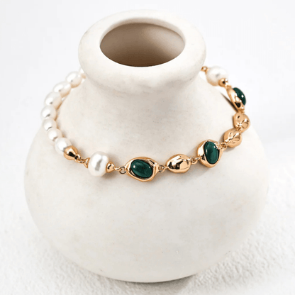 Pearl & Malachite Bracelet – S925 Sterling Silver in Vintage Gold Finish - Beloved Moments Jewels & Co. Inc.