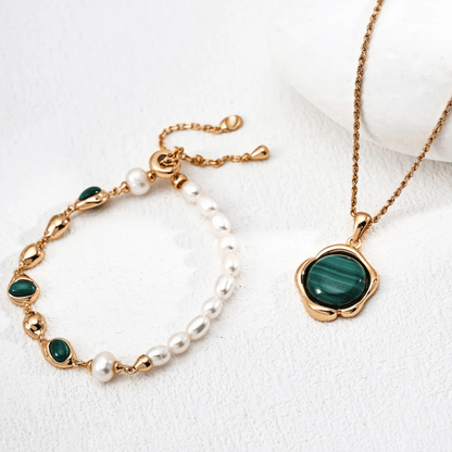 Pearl & Malachite Bracelet – S925 Sterling Silver in Vintage Gold Finish - Beloved Moments Jewels & Co. Inc.