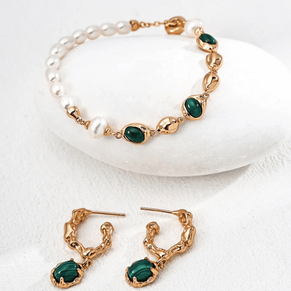 Pearl & Malachite Bracelet – S925 Sterling Silver in Vintage Gold Finish - Beloved Moments Jewels & Co. Inc.