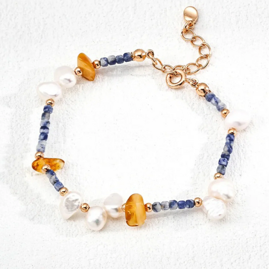 Natural Pearl & Blue Spot Stone Wax Cord Bracelet S925 Sterling Silver