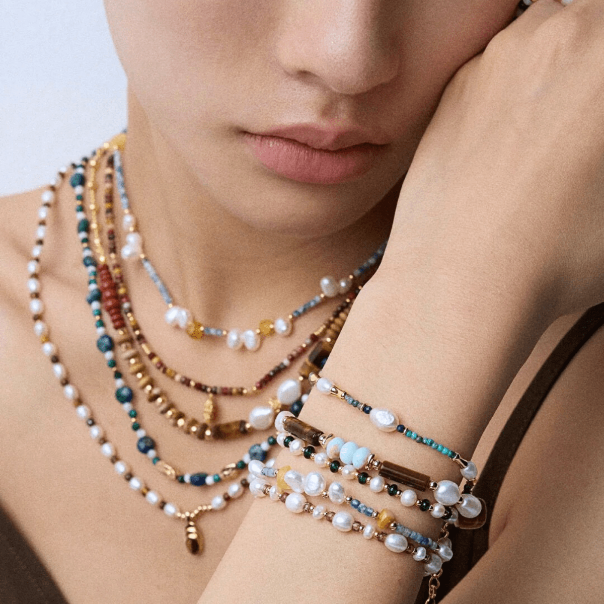 Turquoise, Lapis & Pearl Bracelet - 18K Vintage Gold or White Gold Plated S925 Silver - Beloved Moments Jewels & Co. Inc.