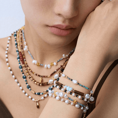 Turquoise, Lapis & Pearl Bracelet - 18K Vintage Gold or White Gold Plated S925 Silver - Beloved Moments Jewels & Co. Inc.