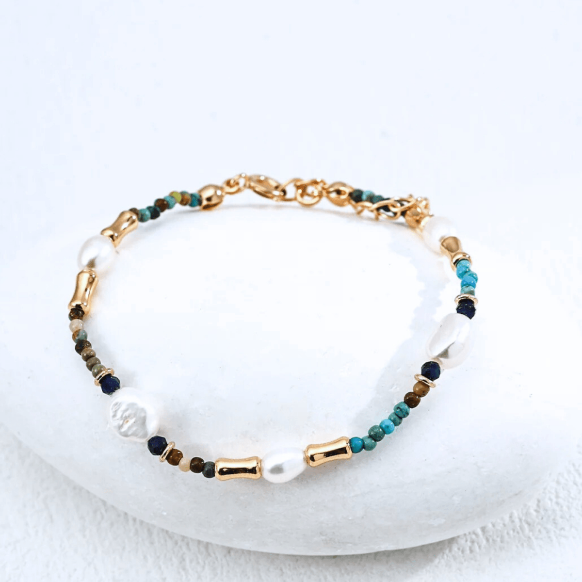 Turquoise, Lapis & Pearl Bracelet - 18K Vintage Gold or White Gold Plated S925 Silver - Beloved Moments Jewels & Co. Inc.