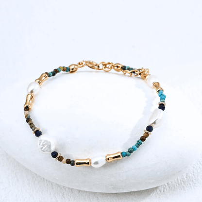 Turquoise, Lapis & Pearl Bracelet - 18K Vintage Gold or White Gold Plated S925 Silver - Beloved Moments Jewels & Co. Inc.
