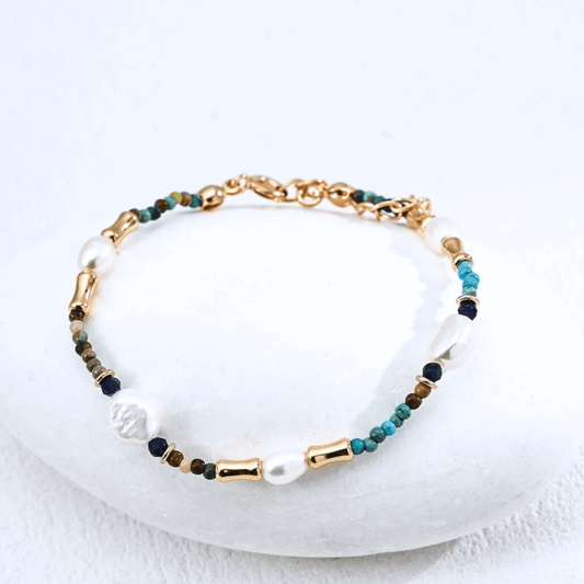 Turquoise, Lapis & Pearl Bracelet - 18K Vintage Gold or White Gold Plated S925 Silver - Beloved Moments Jewels & Co. Inc.