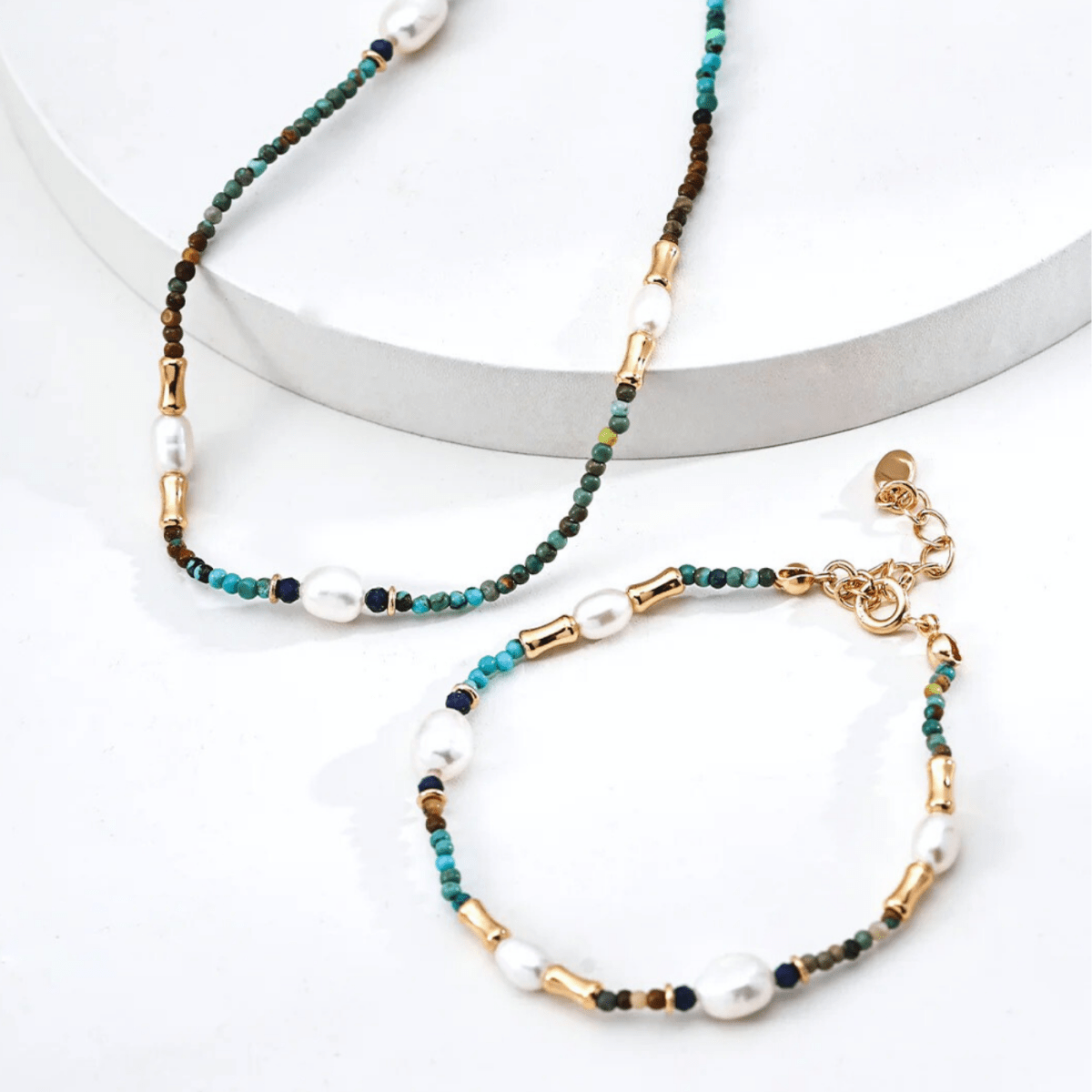 Turquoise, Lapis & Pearl Bracelet - 18K Vintage Gold or White Gold Plated S925 Silver - Beloved Moments Jewels & Co. Inc.