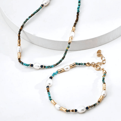 Turquoise, Lapis & Pearl Bracelet - 18K Vintage Gold or White Gold Plated S925 Silver - Beloved Moments Jewels & Co. Inc.