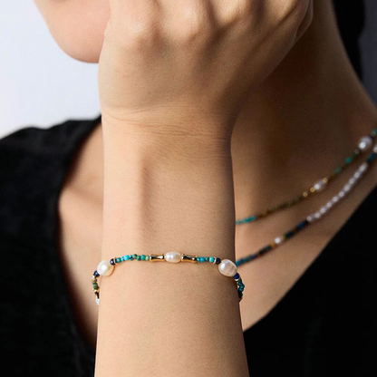 Turquoise, Lapis & Pearl Bracelet — S925, Vintage Gold or White Gold (Adjustable)