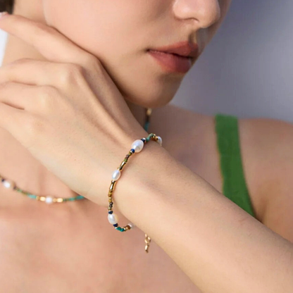 Turquoise, Lapis & Pearl Bracelet — S925, Vintage Gold or White Gold (Adjustable)