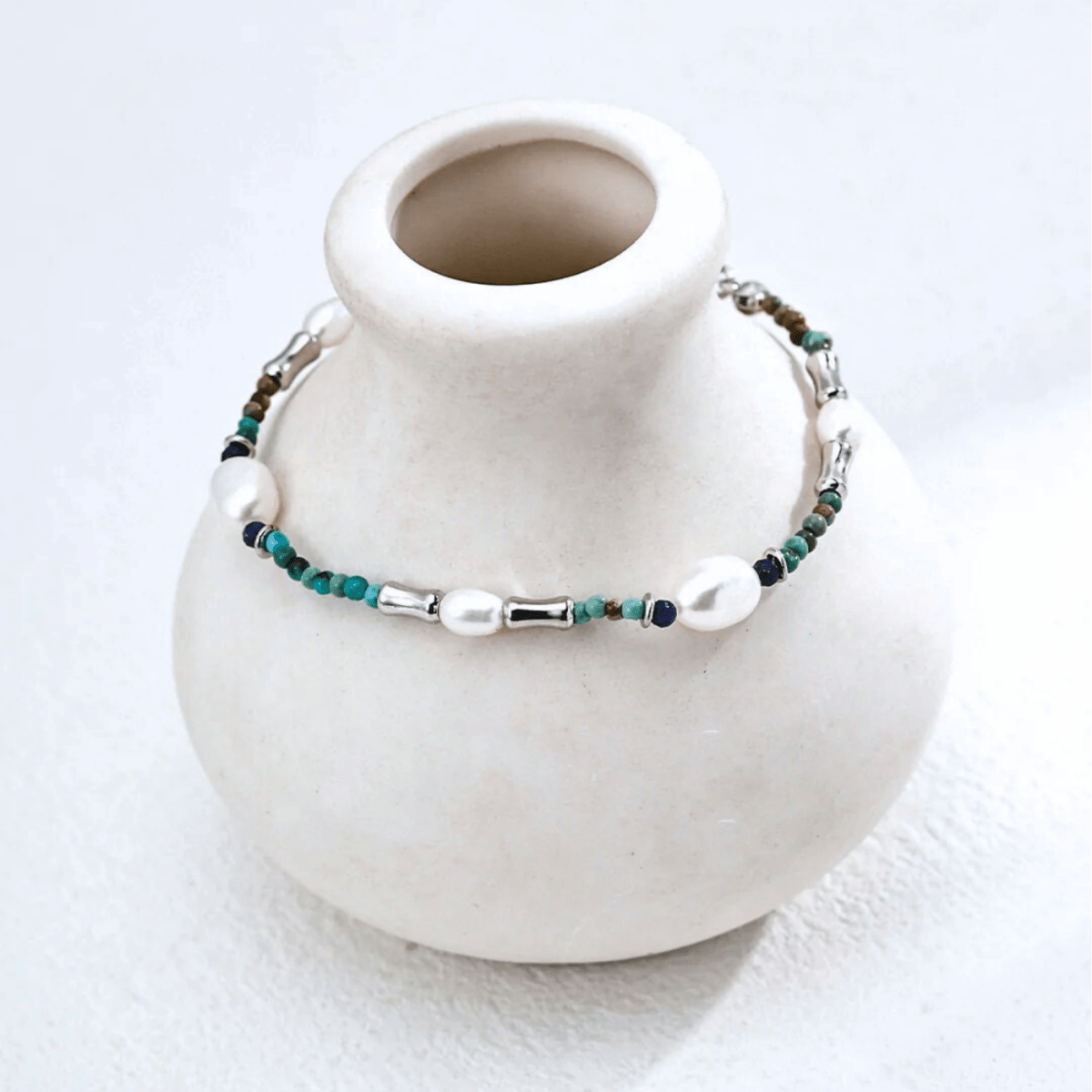 Turquoise, Lapis & Pearl Bracelet - 18K Vintage Gold or White Gold Plated S925 Silver - Beloved Moments Jewels & Co. Inc.