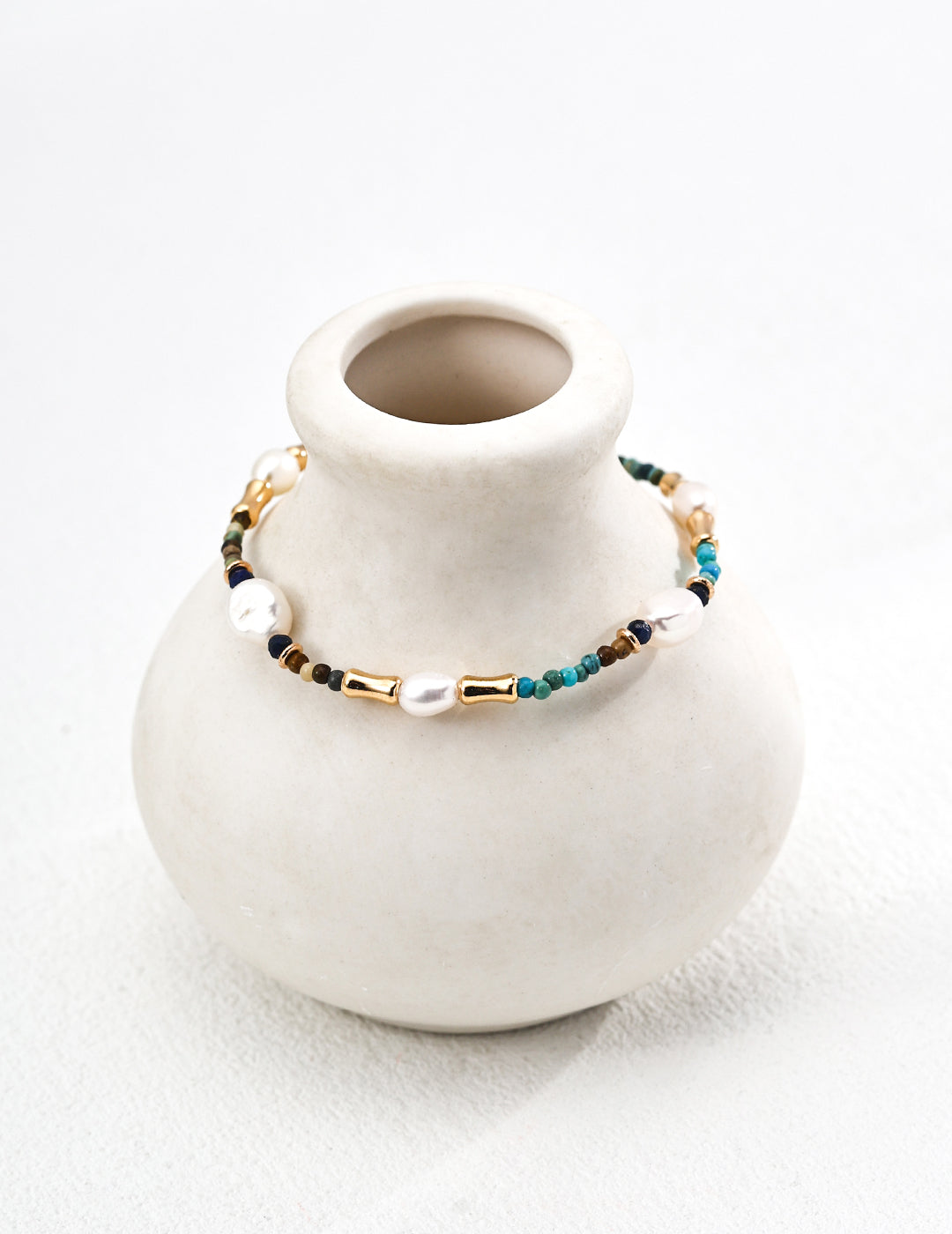 Turquoise, Lapis & Pearl Bracelet — S925, Vintage Gold or White Gold (Adjustable)