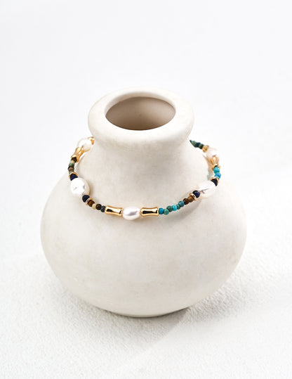 Turquoise, Lapis & Pearl Bracelet — S925, Vintage Gold or White Gold (Adjustable)
