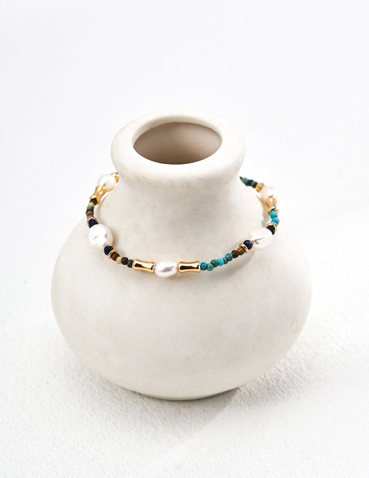 Turquoise, Lapis & Pearl Bracelet — S925, Vintage Gold or White Gold (Adjustable)