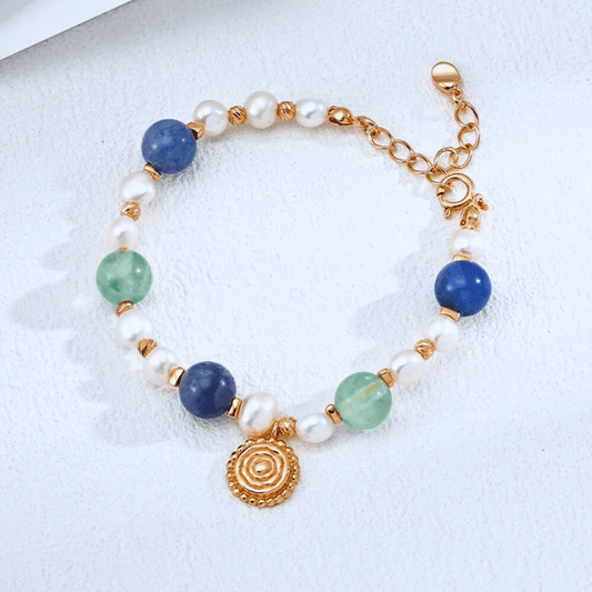 Pearl, Fluorite & Blue Aventurine Charm Bracelet — S925 Vintage Gold (Adjustable) - Beloved Moments Jewels & Co. Inc.