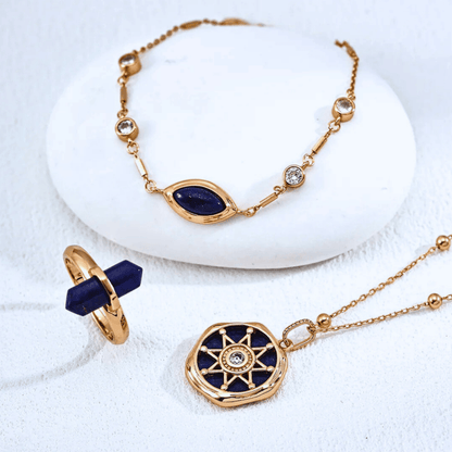 Lapis Lazuli Marquise Station Bracelet | Vintage Gold S925 Adjustable - Beloved Moments Jewels & Co. Inc.